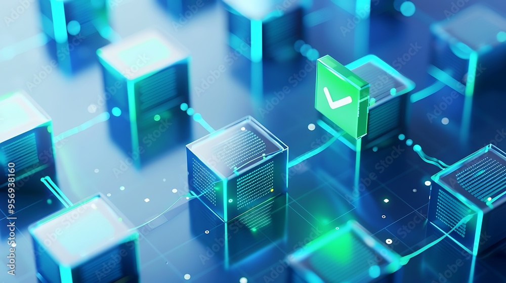Poster abstract blockchain technology concept with glowing blocks and network connections, highlighting dig