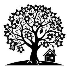 Download Blossoming Apple Tree  And Home Silhouette Vector Illustrate Svg File For Design.