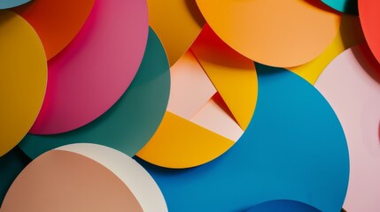 A colorful array of overlapping circular shapes in various warm and cool colors creating a lively,...