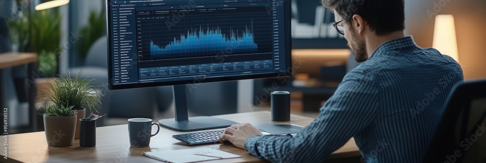 Fototapete an expert analyzes complex data on a large monitor, surrounded by a tidy workspace with a coffee mug