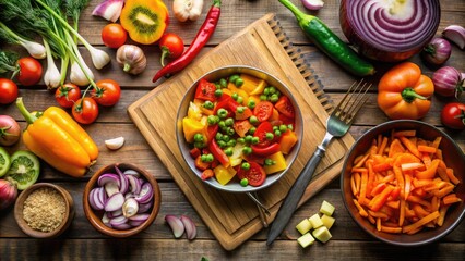 Fototapeta premium Freshly chopped colorful vegetables including bell peppers, carrots, and onions arranged on a rustic wooden table, surrounded by cooking utensils and a partially written recipe book.