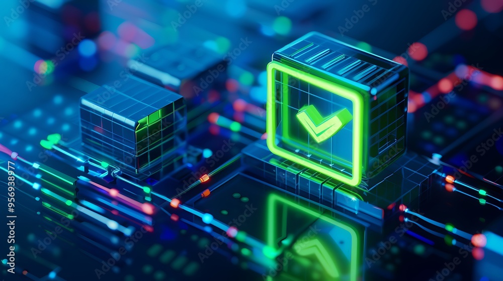 Poster abstract digital representation of blockchain technology, featuring neon green checkmark indicating 