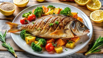 Freshly grilled fish with crispy golden skin and tender flakes, served on a white plate with a side of steamed vegetables and lemon wedges.