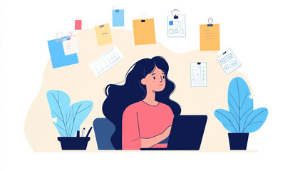 A woman working on a laptop in a cozy office filled with plants and creative notes