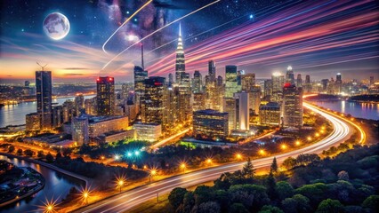 romantic nighttime skyline city lights trails