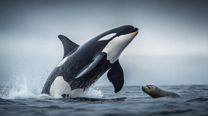 Fototapeta premium Orca Leaping from the Water with a Seal