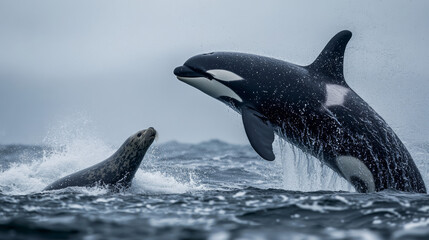 Fototapeta premium Orca Leaping Towards Grey Seal in the Ocean
