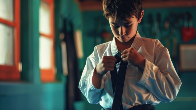 A young boy in a martial arts uniform attentively ties his black belt, focused and determined in the warm, softly lit dojo.