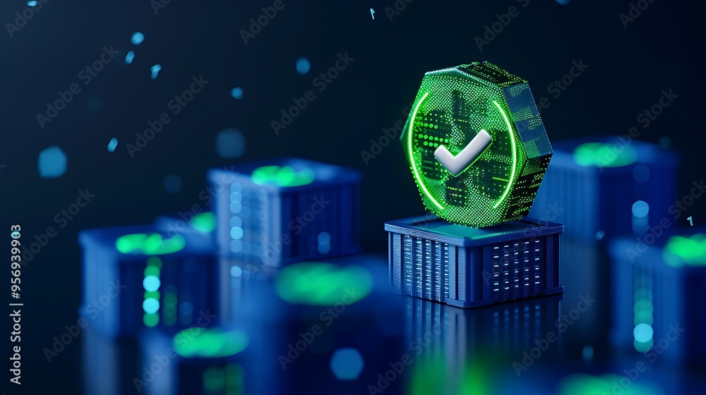 Poster blockchain security concept with glowing green checkmark and holographic blocks. represents secure t