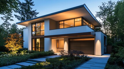 Fototapeta premium A modern two-story home illuminated in the evening, featuring large windows, sleek design, and surrounding greenery, showcasing contemporary architecture in a serene setting.