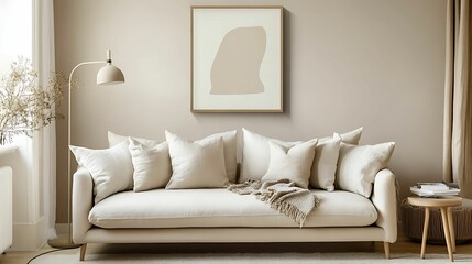 A minimalist living room featuring a cozy beige sofa with plush cushions, soft lighting, and simple decor, creating a warm and inviting atmosphere.