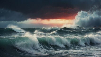 Thunderstorm sea scene featuring crashing waves within digital watercolor.
