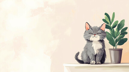 Illustration fluffy gray cat sits on white table next to green potted plant on light beige background, cartoon style. Copy space. Generative AI