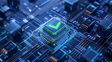 Close-up of a circuit board with a prominent check mark, symbolizing high-tech validation and quality control in electronic systems.