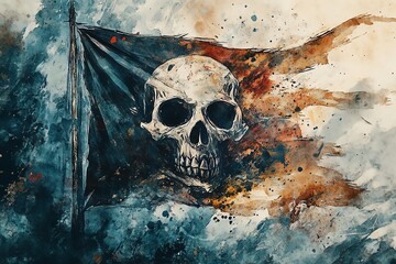 A dramatic watercolor painting of a skull on a tattered flag, blending dark tones with vivid splashes of color, evoking a sense of adventure.