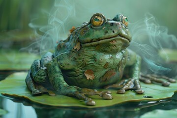 Obraz premium A zombie frog sitting on a lotus leaf