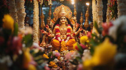 Fototapeta premium Lavishly decorated statue of Goddess Durga during Vijayadashami, surrounded by floral decorations and golden lamps, Ai generated images