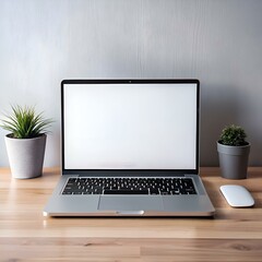 Fototapeta premium A sleek laptop with a blank screen sits on a wooden desk. perfect for showcasing your website. design. or message.