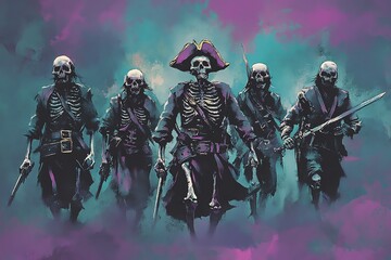 A group of skeleton pirates stands boldly against a mystical backdrop, showcasing a captivating blend of adventure and the supernatural.