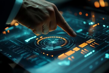 Obraz premium A futuristic touch screen interface being navigated, showcasing advanced technology and interactive design.