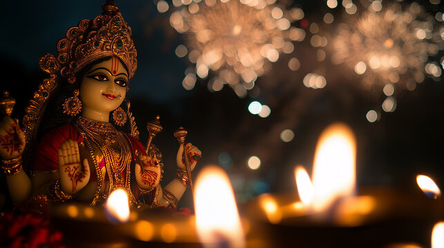 Night view of Vijayadashami with sky filled with fireworks, Durga statue surrounded by flickering oil lamps, Ai generated images