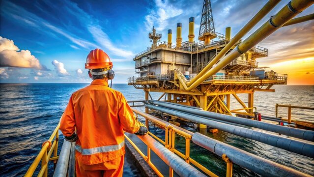 Rugged industrial equipment and pipes dominate the foreground as a solitary figure in a hard hat and orange vest works on an oil rig platform.