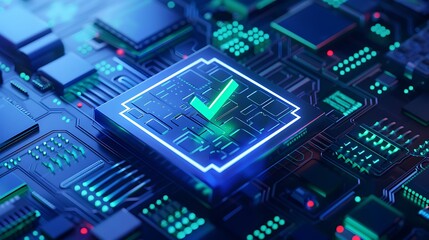 Fototapeta premium Close-up of a digital circuit board with a glowing checkmark at the center, representing technology and security verification.