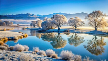 Obraz premium Frosty morning landscapes in the southern hemisphere showcase winter's chill, with misty hills, frozen lakes, and bare trees under a pale blue winter sky.