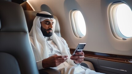 Fototapeta premium A man in traditional attire sits comfortably on a luxurious plane, engrossed in his phone, embodying modernity, wealth, and cultural identity.