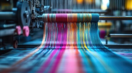 Innovative Textile Loom Weaving Intricate Patterns with Vibrant Threads in Motion at a Modern Textile Factory