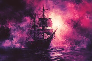 A majestic ship sails through a vibrant, colorful night sky filled with swirling clouds and stars, evoking adventure and mystery.