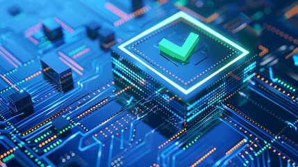 Obraz premium Close-up of a futuristic circuit board with a glowing checkmark symbolizing technology validation and approval.