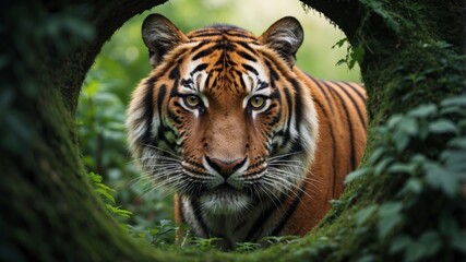 Obraz premium Wild tiger peeking out of green wall hole nature as well as wildlife exploration adventure concept image.