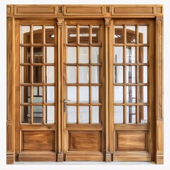 A wooden French door with multiple glass panels