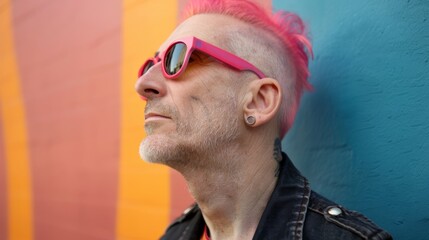 Obraz premium An individual with pink hair and pink sunglasses stares confidently ahead against a bold, colorful wall, embodying a vibrant, modern style.
