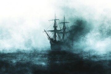 Fototapeta premium A mysterious ship appears through a foggy sea, evoking a sense of adventure and timeless exploration.