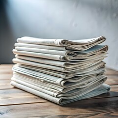 A neatly stacked pile of newspapers on a wooden surface. perfect for illustrating concepts of news. information. reading. or recycling.