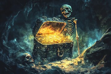 Naklejka premium A mysterious skeleton guards a treasure chest filled with glowing gold coins in an eerie, dimly lit cave.