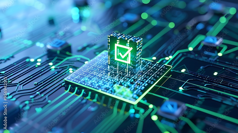Poster close-up of a glowing green checkmark on a microchip integrated into a circuit board, representing s