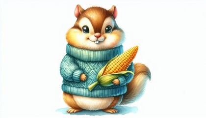 Fototapeta premium A charming watercolor illustration of a friendly chipmunk wearing a cozy blue sweater and holding a ripe corn cob. The image evokes a sense of warmth, harvest, and the joy of simple pleasures.