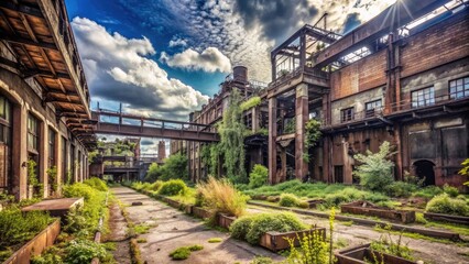 Obraz premium Rustic, abandoned industrial landscape with overgrown vegetation, old machinery, and crumbling concrete structures amidst a vast, open, and neglected factory site.