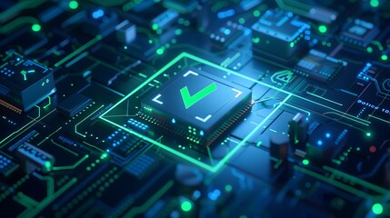 Fototapeta premium Close-up of a glowing microchip on a circuit board with a green checkmark, representing technology, security, and digital confirmation.