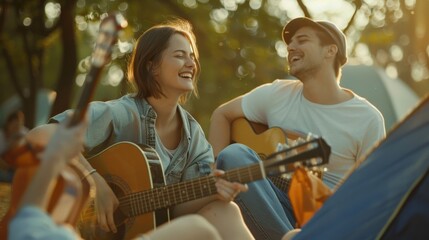 Friends enjoying a camping trip, playing guitars and singing, surrounded by a vibrant natural setting at sunset.