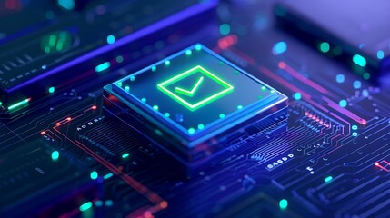 Fototapeta premium Close-up of a glowing microchip with a checkmark symbol on a circuit board, symbolizing digital security and technology verification.