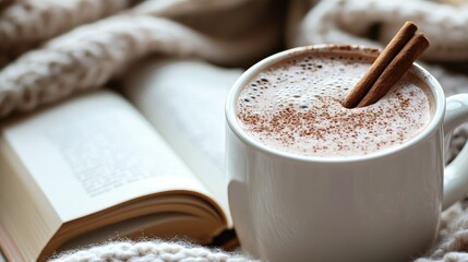 A close-up of a creamy hot chocolate with a cinnamon stick, placed next to an open book and a cozy blanket.