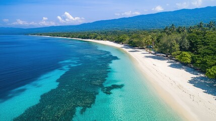 Scenic drone view of Santai Beach, Latuhalat, Ambon, Maluku, showing the pristine sands and sparkling waters, perfect for beach-themed backgrounds or travel ads.