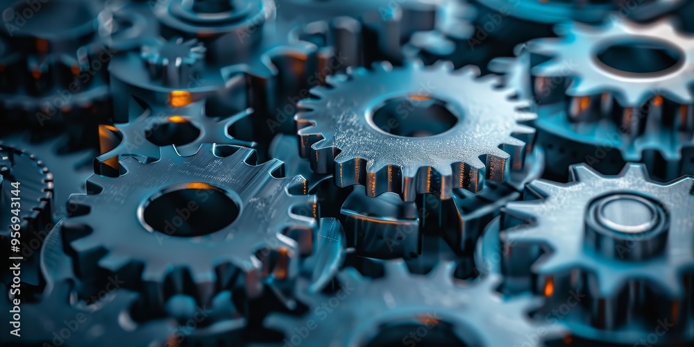 Leinwandbilder A series of interconnected gears and cogs working together in a mechanical device, symbolizing cooperation and synergy