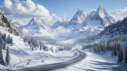 Fototapeta premium Scenic shot of a mountain road meandering through a snowy landscape, with pristine white snow covering the surrounding peaks and evergreen trees.