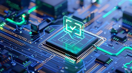 Fototapeta premium Close-up of a microchip on a circuit board with a glowing futuristic interface, representing advanced technology and artificial intelligence.