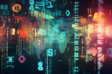 Obraz premium Abstract digital world map with vibrant colors and technology icons, representing data and global connectivity.